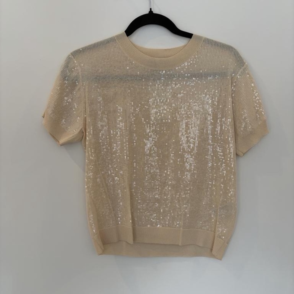 Zara Cream Sequin Short Sleeve Knit Top